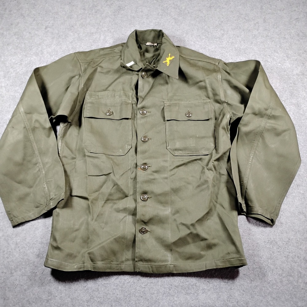 Vintage 1963 US Military OG-107 Cotton Sateen Utility Shirt Olive Green Small